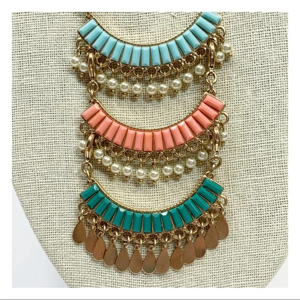 boho Gold tone long tiered colorful beaded necklace fun spring summer